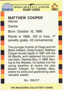 1991 Regina NZRFU 1st Edition #106 Matthew Cooper Back